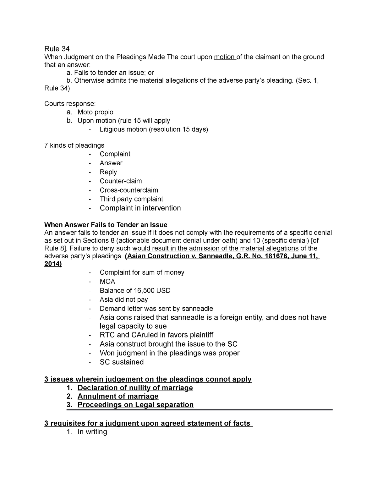 Rule 34 - Law notes - Rule 34 When Judgment on the Pleadings Made The ...