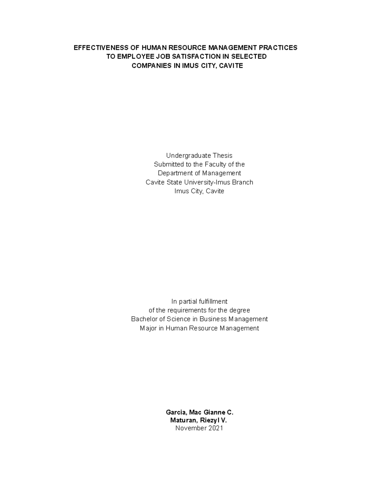 Effectiveness OF Human Resource Management Practices - EFFECTIVENESS OF ...