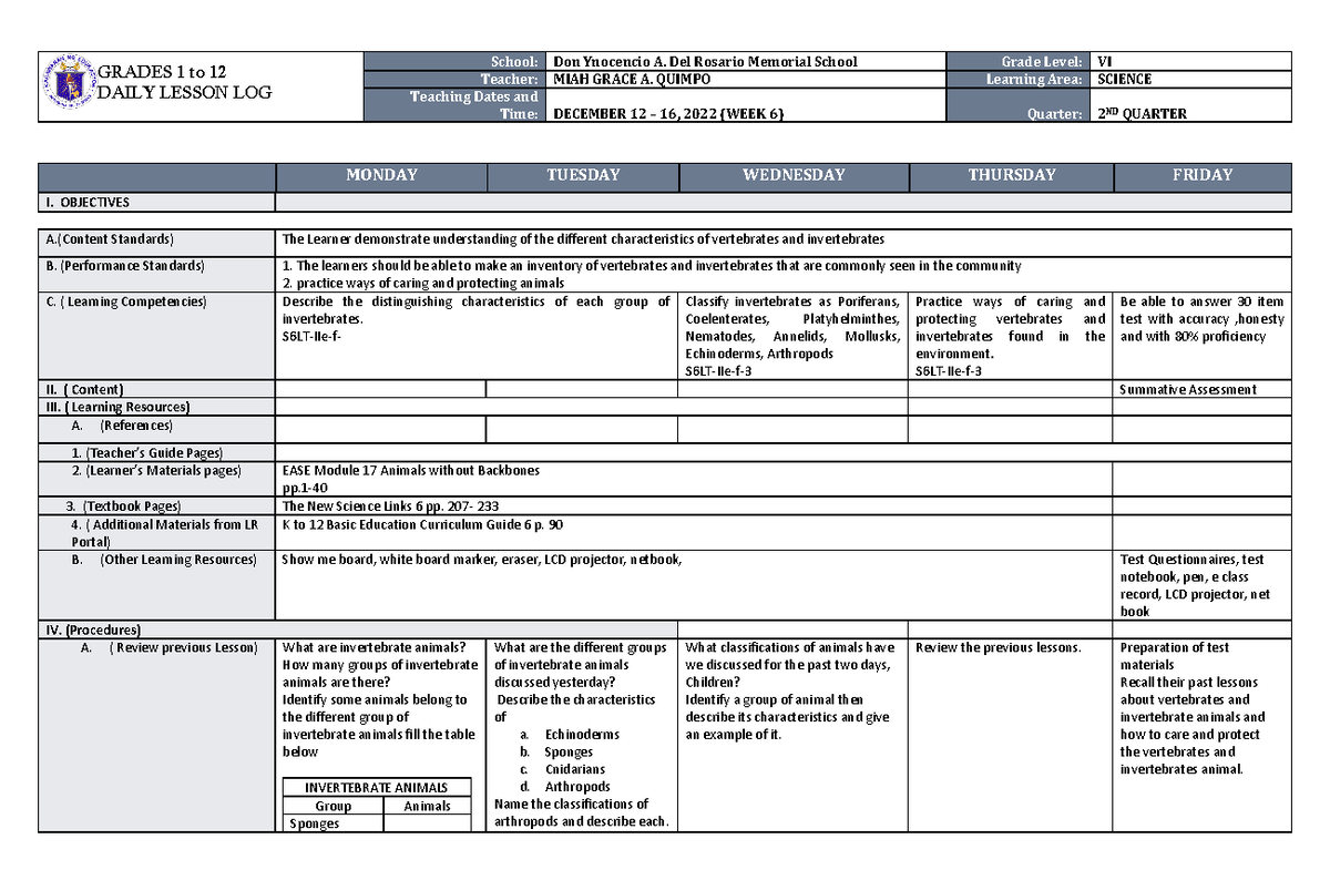 DLL Science 6 Q2 W6 - FOR RESEARCH PURPOSES ONLY - GRADES 1 to 12 DAILY ...