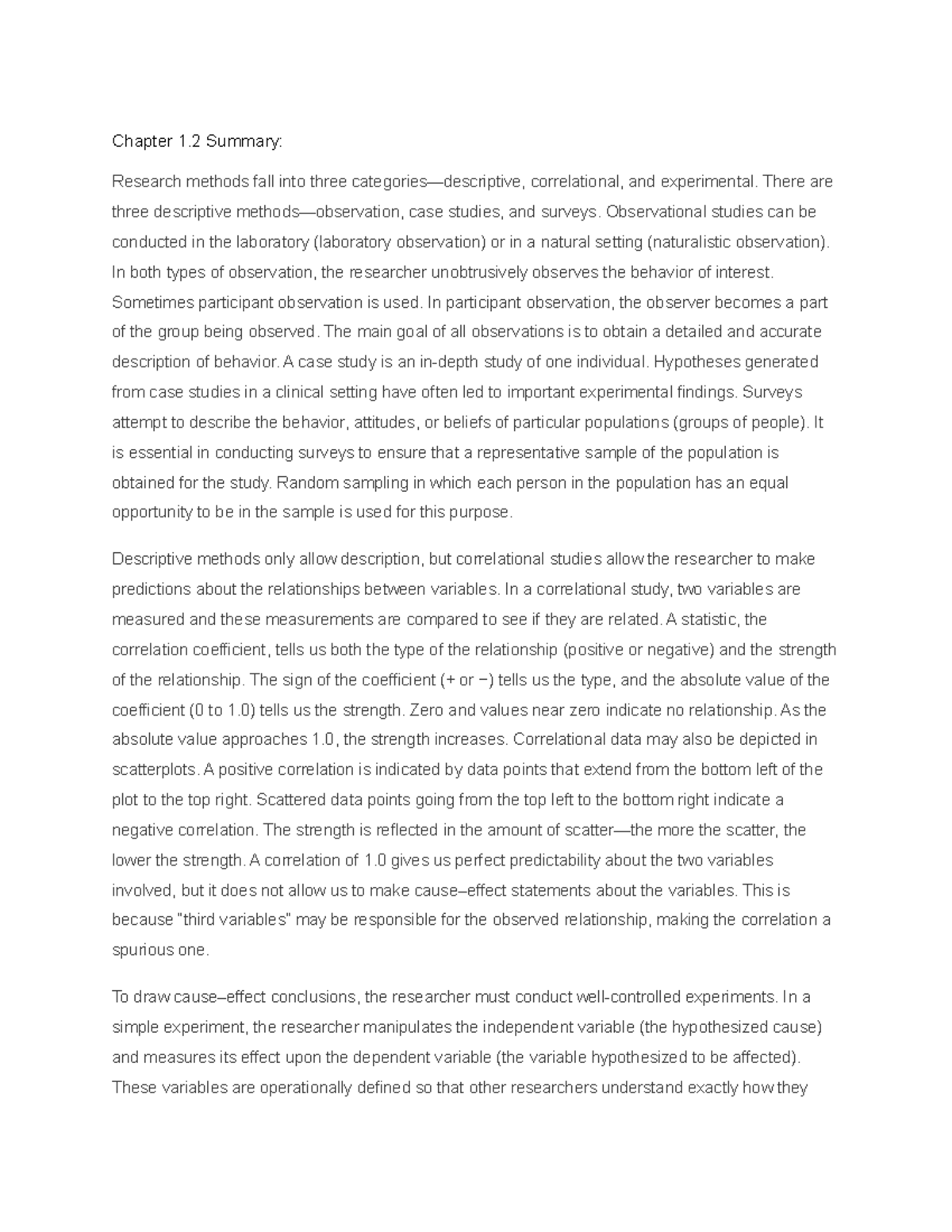 The Science of Psychology- 1.2 - Chapter 1 Summary: Research methods ...