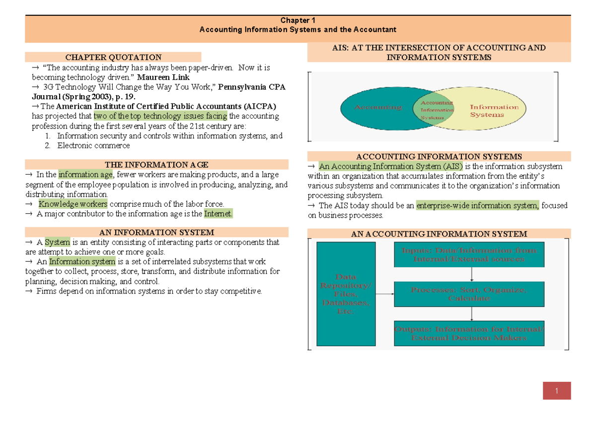 Chapter-1 - Notes - Accounting Information Systems and the Accountant ...