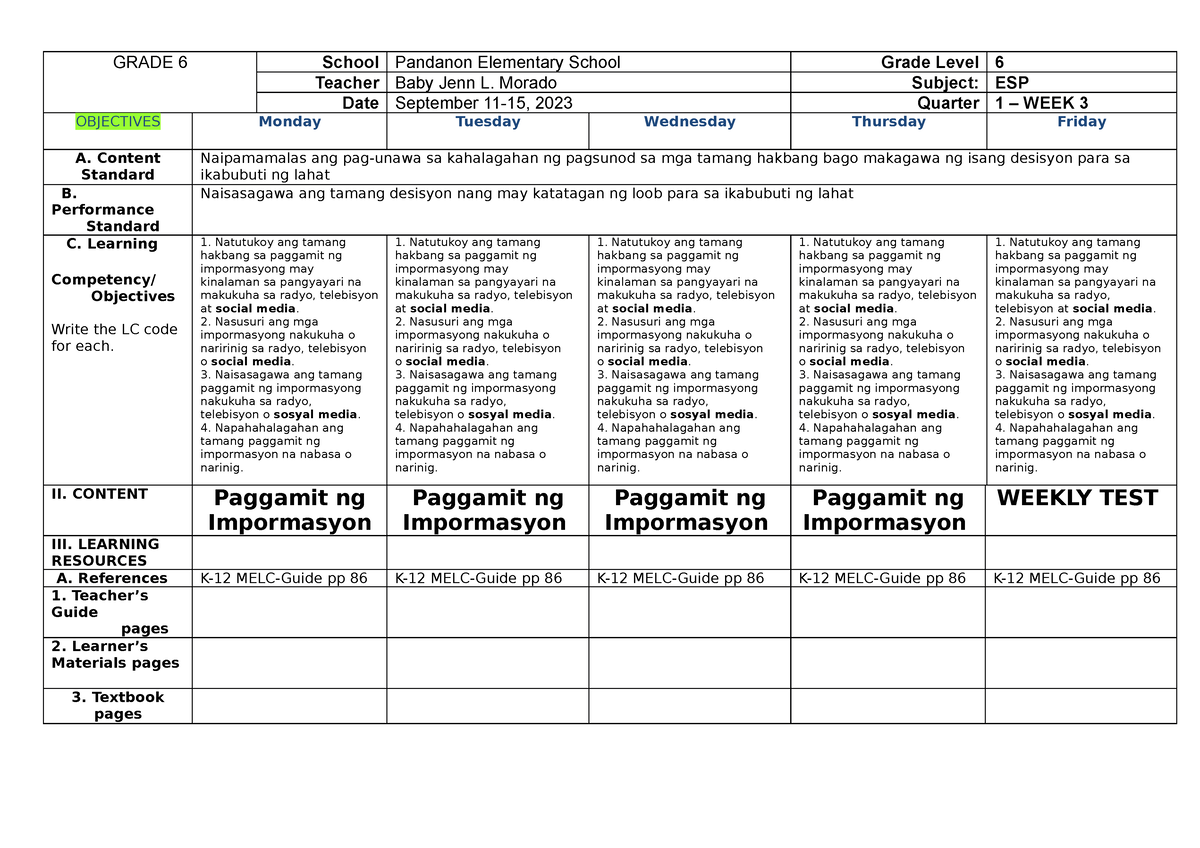 WEEK3-dll-ESP - Daily Lesson Log - GRADE 6 School Pandanon Elementary ...