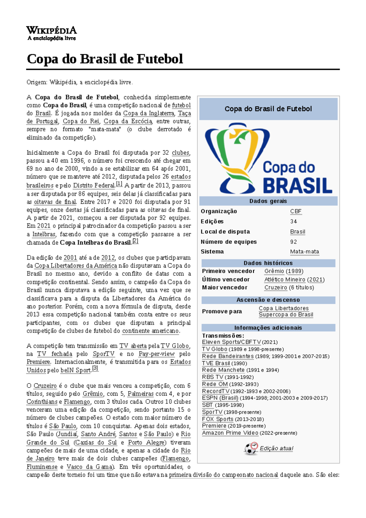 Copa do Brasil de Futebol Copa do Brasil de Futebol Dados gerais