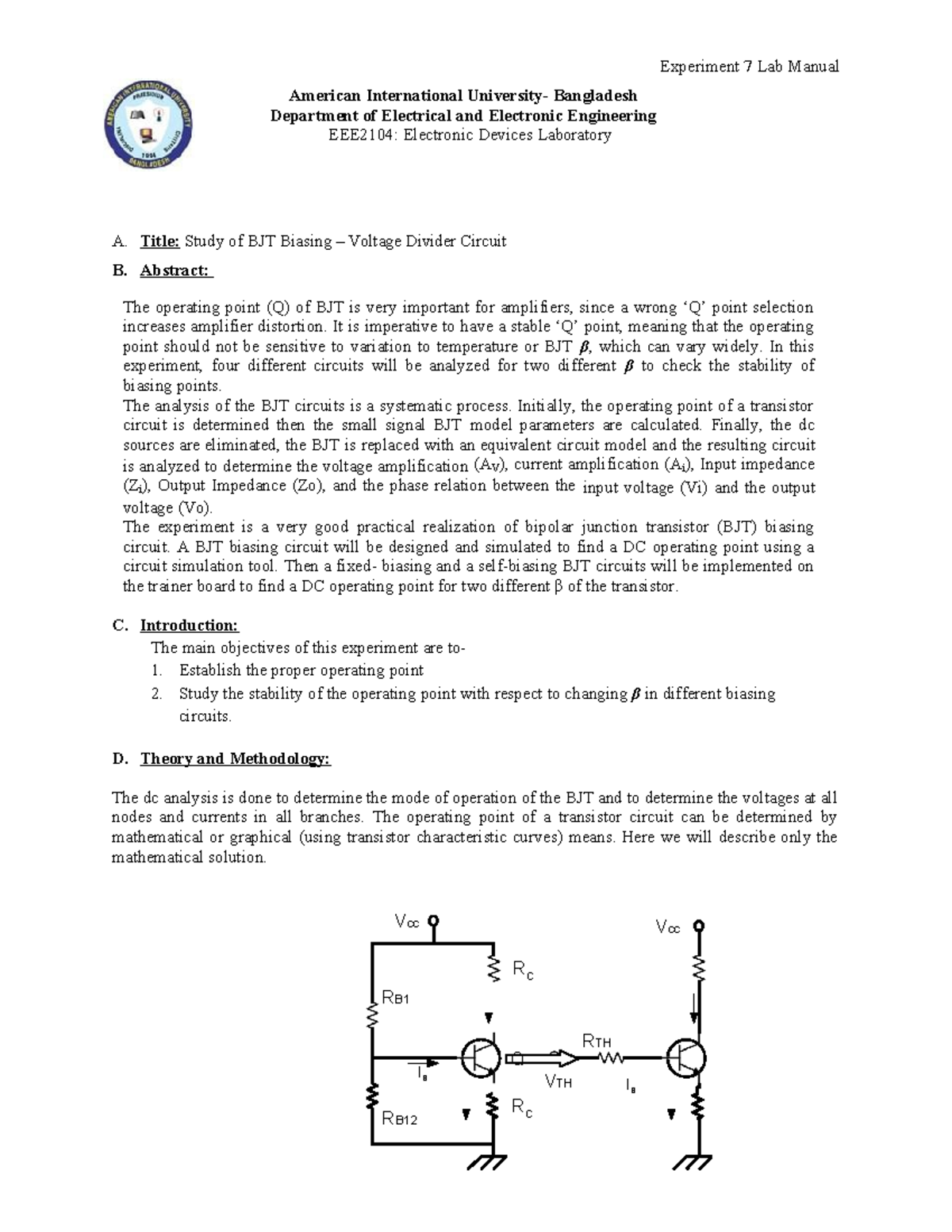 ED Exp 7 Student Manual Updated A. Title Study of BJT Biasing