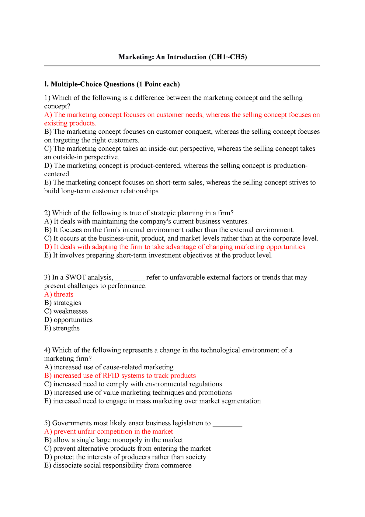 Marketing An Introduction (CH1~CH5) - Multiple-Choice Questions (1 ...