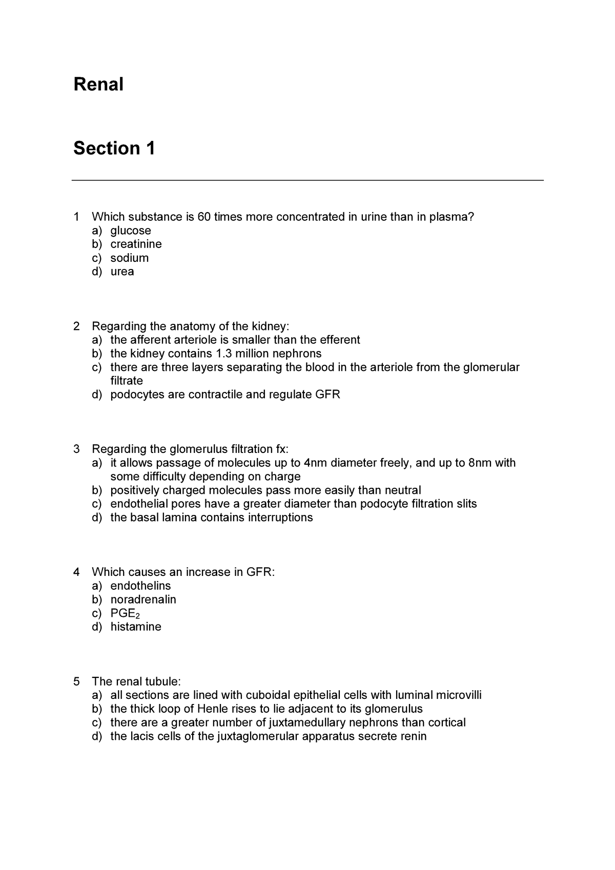 Phys mcqs Renal - Possible multiple choice questions - Renal Section 1 ...