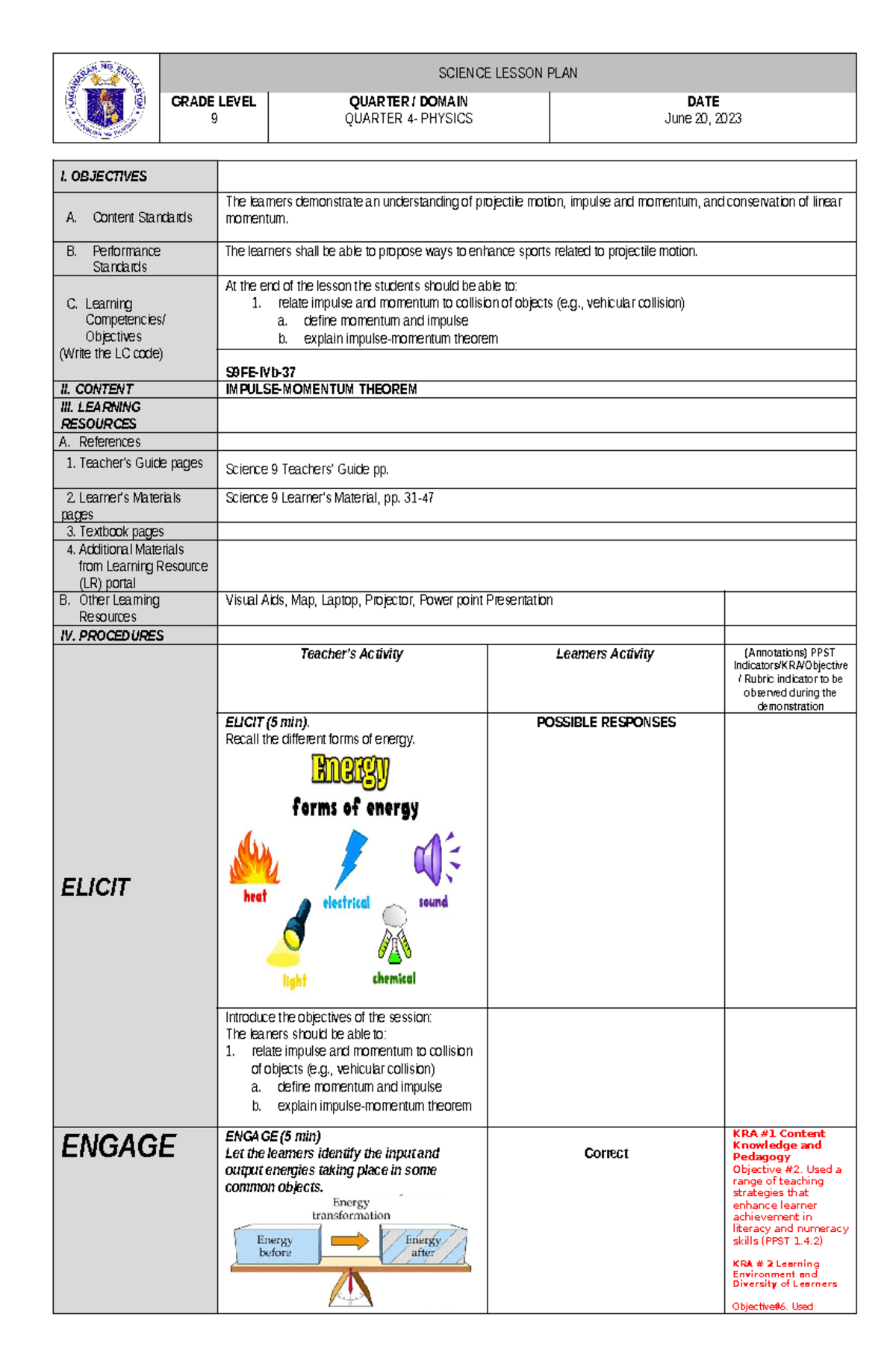 COT DLP Impulse Momentum Theorem - SCIENCE LESSON PLAN GRADE LEVEL 9 ...