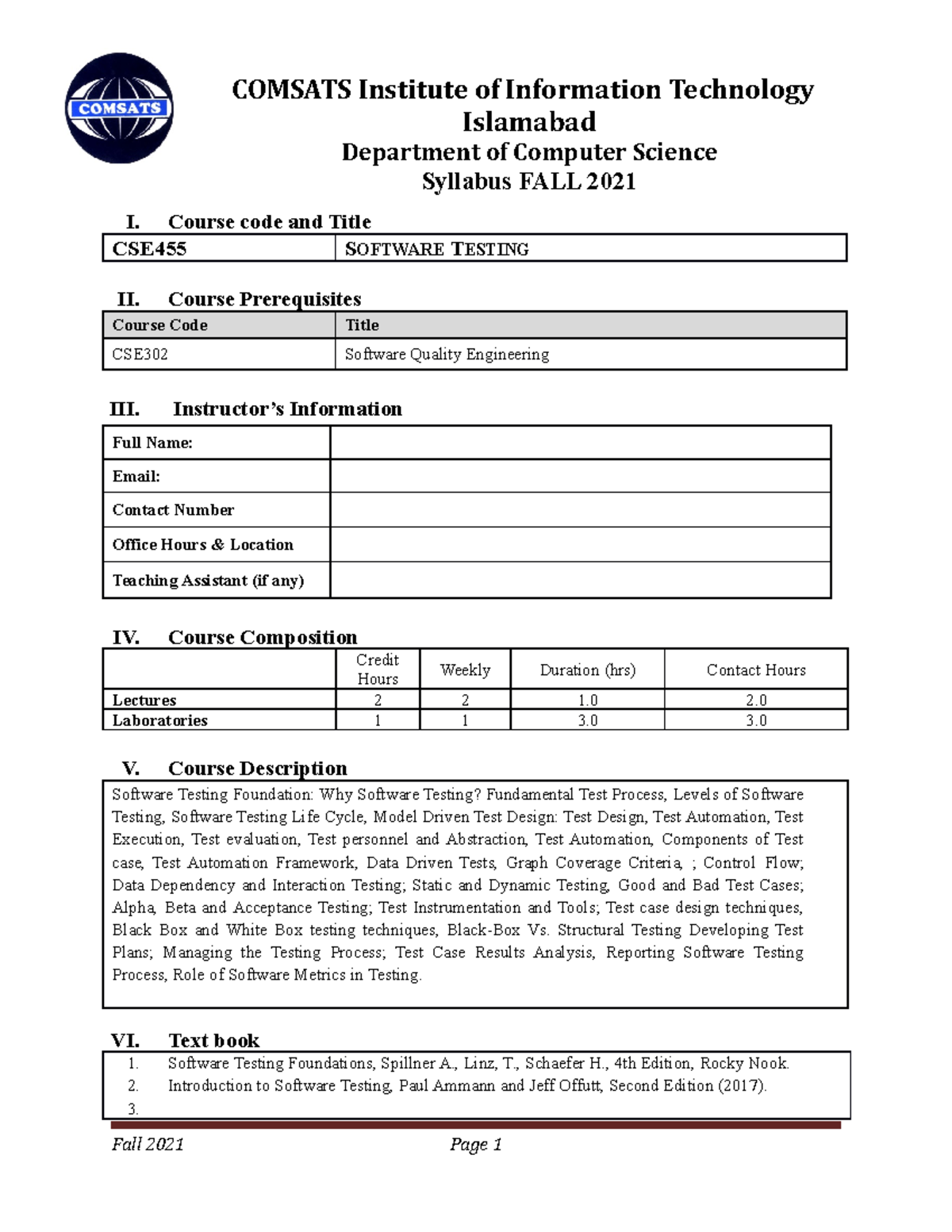 CSE455 Software Testing Course Outline/Content I. Course code and