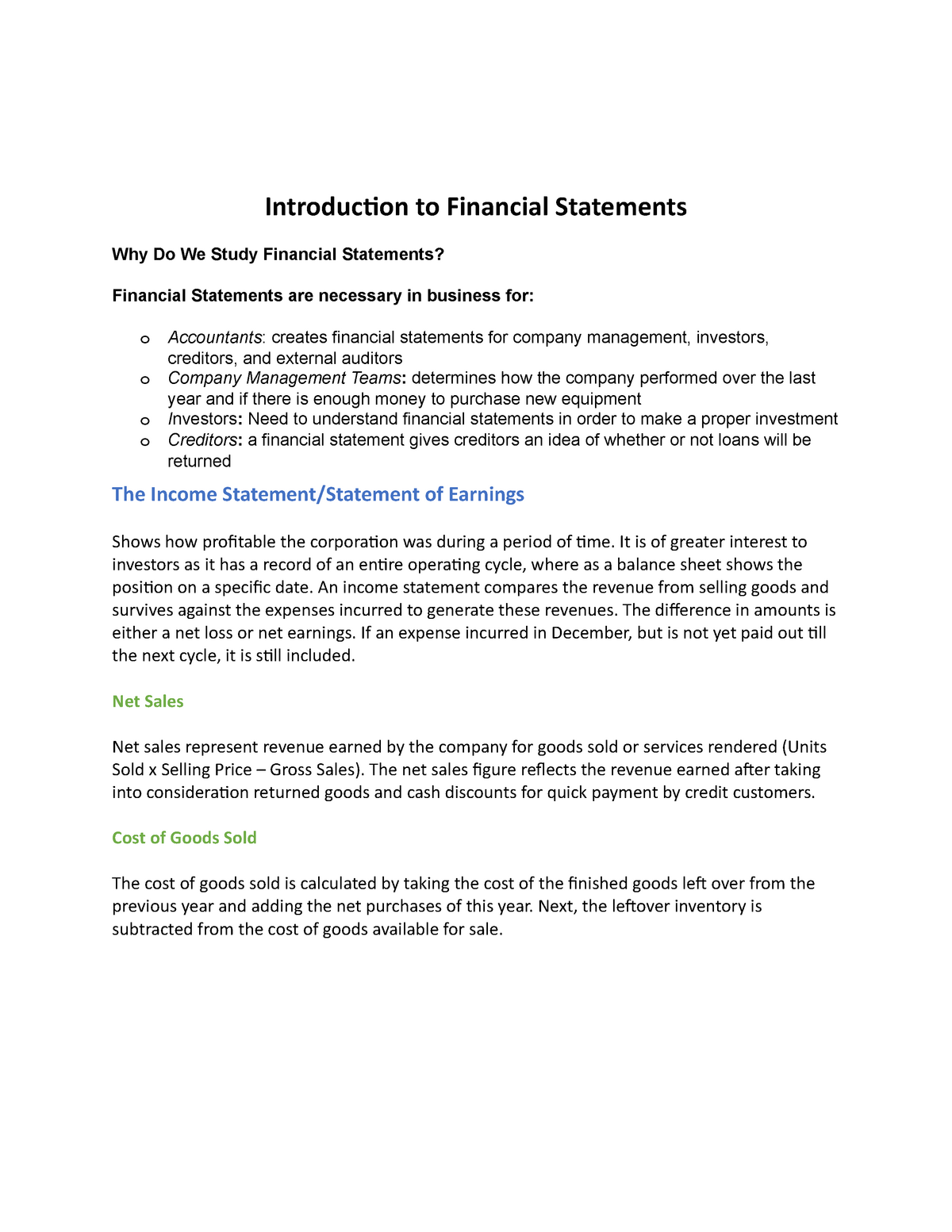 Intro To Financial Statements Introduction To Financial Statements Why Do We Study Financial