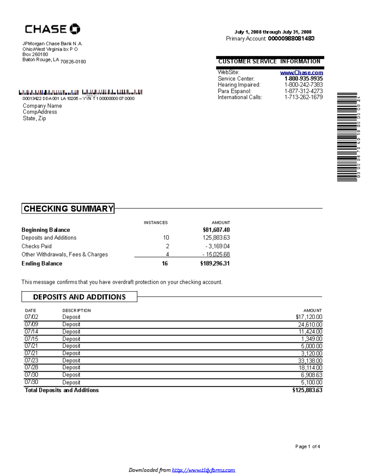 Bank statement template 20 - July 1, 2008 through July 31, 2008 Primary ...