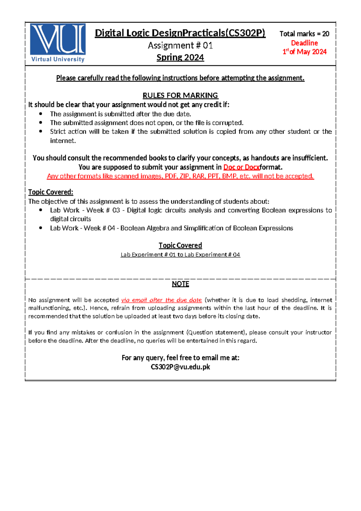 Spring 2024 CS302 P 1 - Digital Logic DesignPracticals(CS302P ...