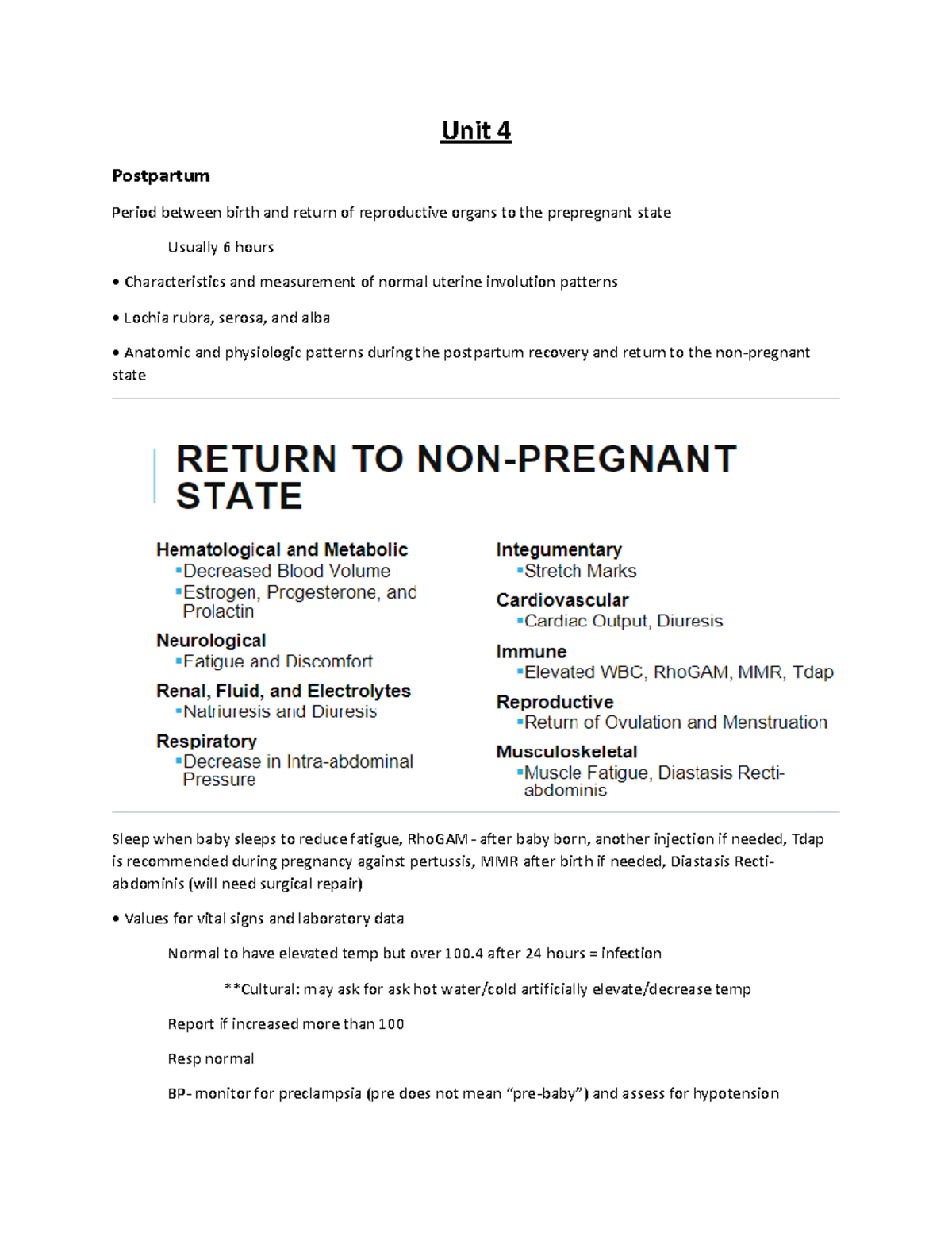 Mat exam 2 - Notes for Exam 2 - Unit 4 Postpartum Period between birth ...