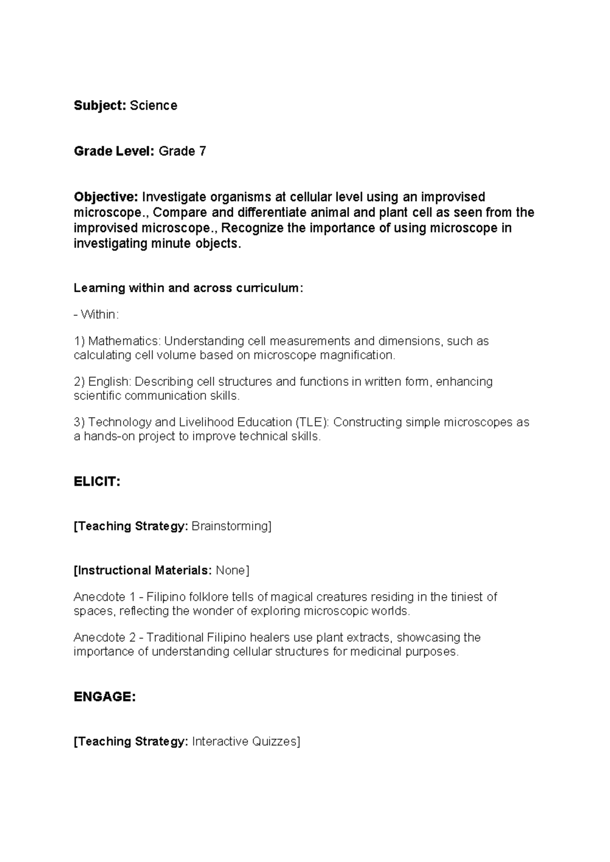 Lesson plan - Subject: Science Grade Level: Grade 7 Objective ...
