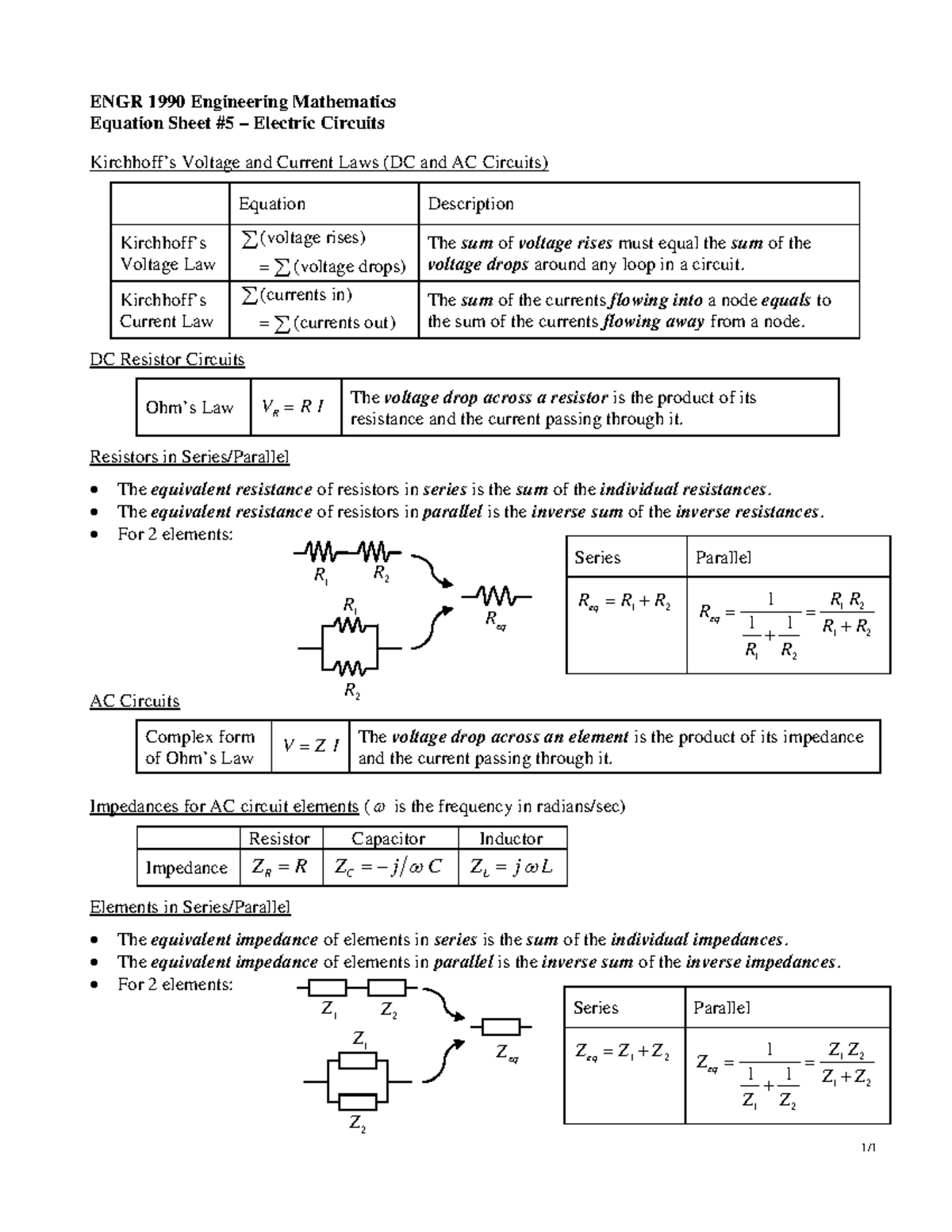 ENGR 1990 Eq Sheet 05-Electric Circuits - 1/ ENGR 1990 Engineering ...