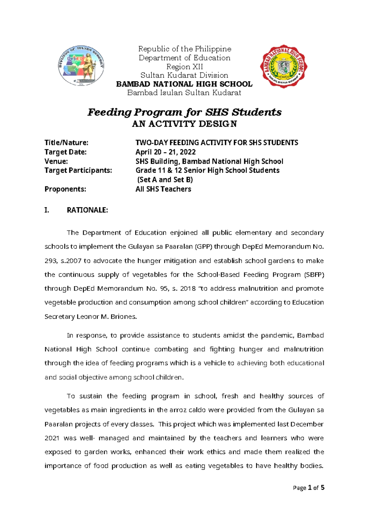 583854352 Activity Design for Feeding Program Repaired 11 - Republic of ...