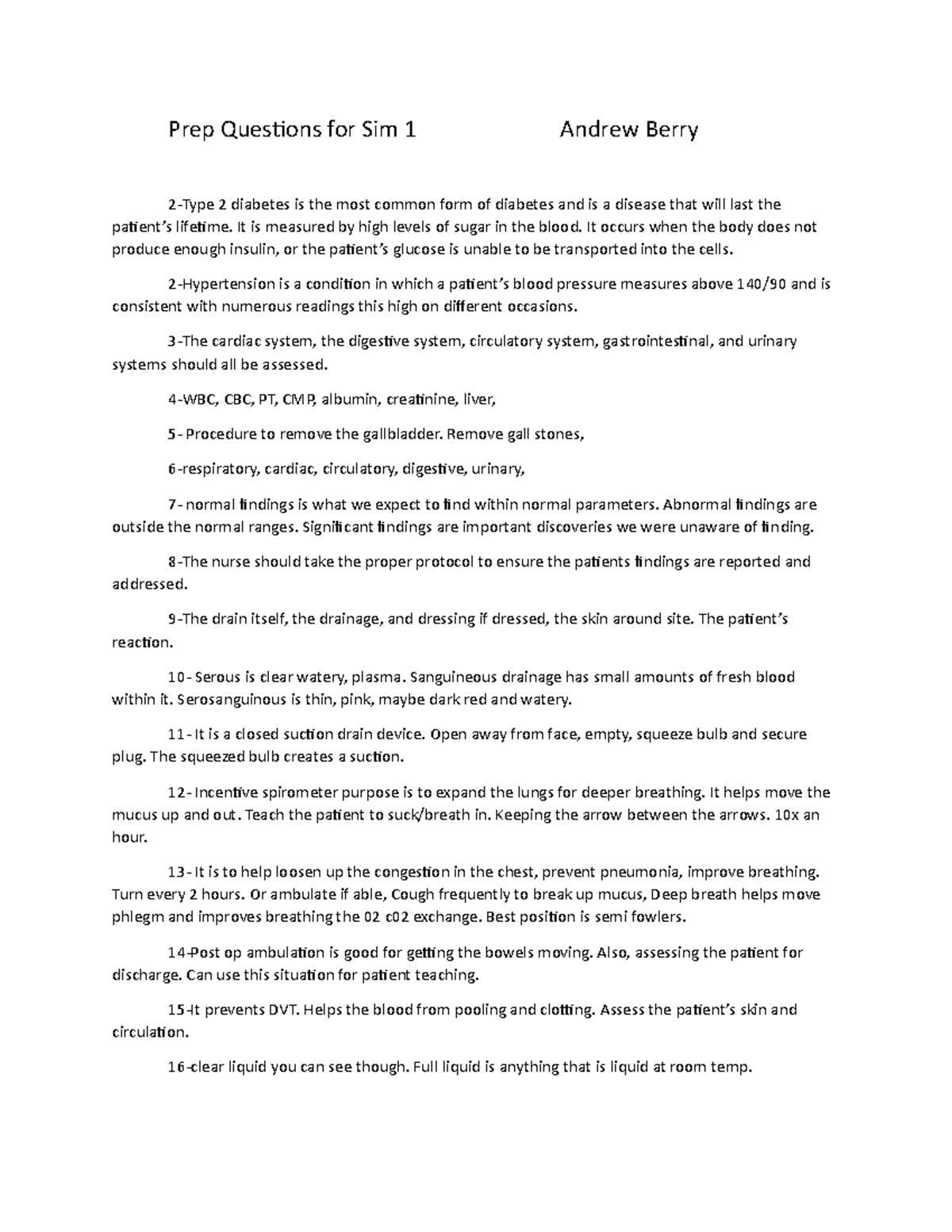 Sim 1 prep - SIM 1 PREP - Prep Quesions for Sim 1 Andrew Berry 2-Type 2 ...