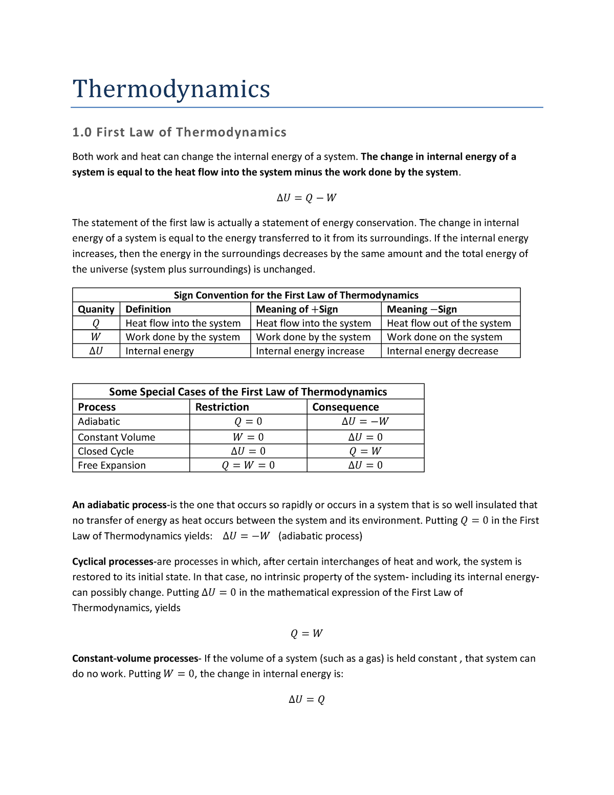 Thermodynamics Notes 2 - Thermodynamics 1 First Law of Thermodynamics ...