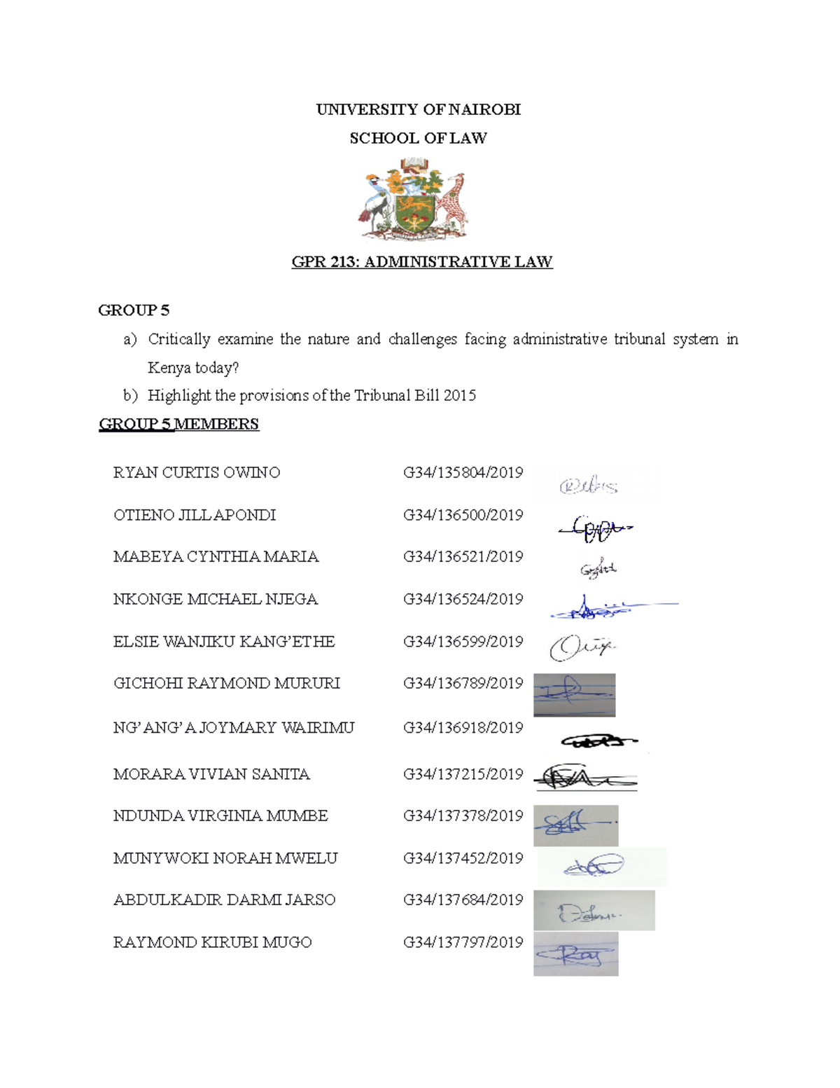 Group 5 Administrative Law Submission UNIVERSITY OF NAIROBI SCHOOL OF