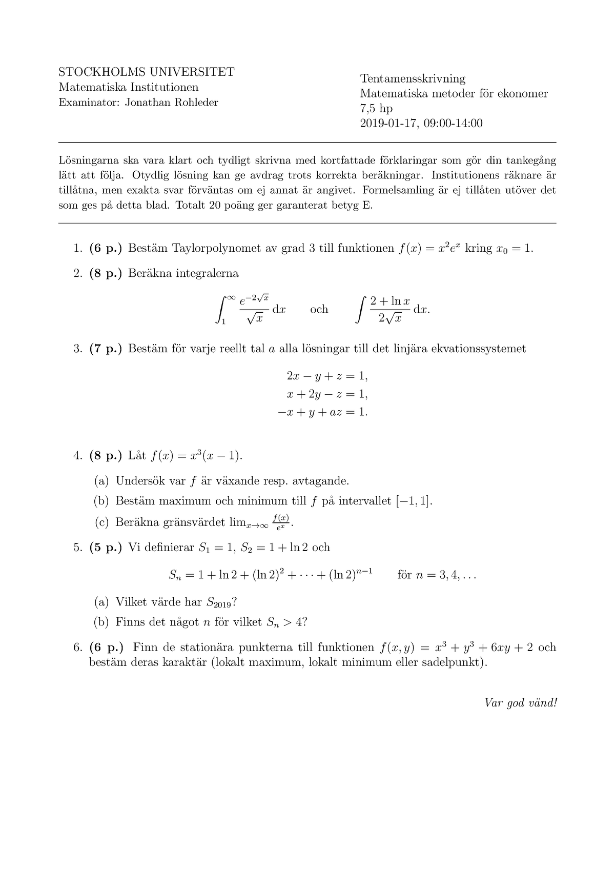 Tenta Mm3001 190117 - STOCKHOLMS UNIVERSITET Matematiska Institutionen ...