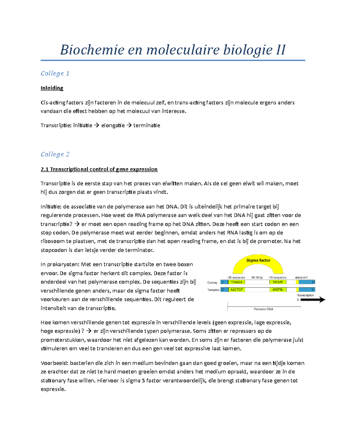 Biochemie En Moleculaire Biologie II - Samenvatting - Colleges 1 - 4 ...