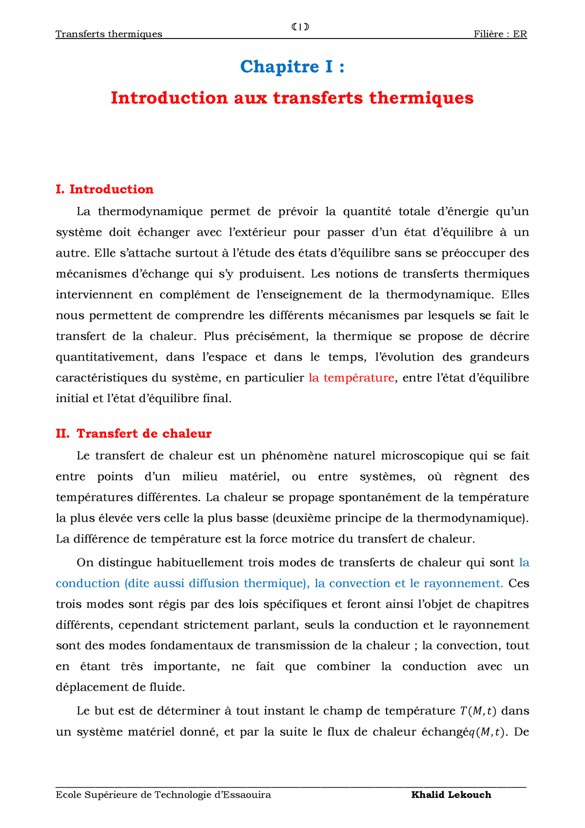 Transfert De Chaleur - Transferts Thermiques Filière : ER Chapitre I ...