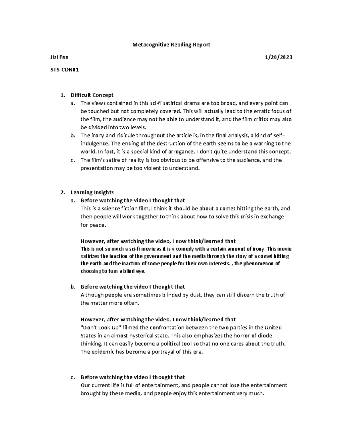 Fan-STS-FA1 - Individual assignment. - Metacognitive Reading Report ...