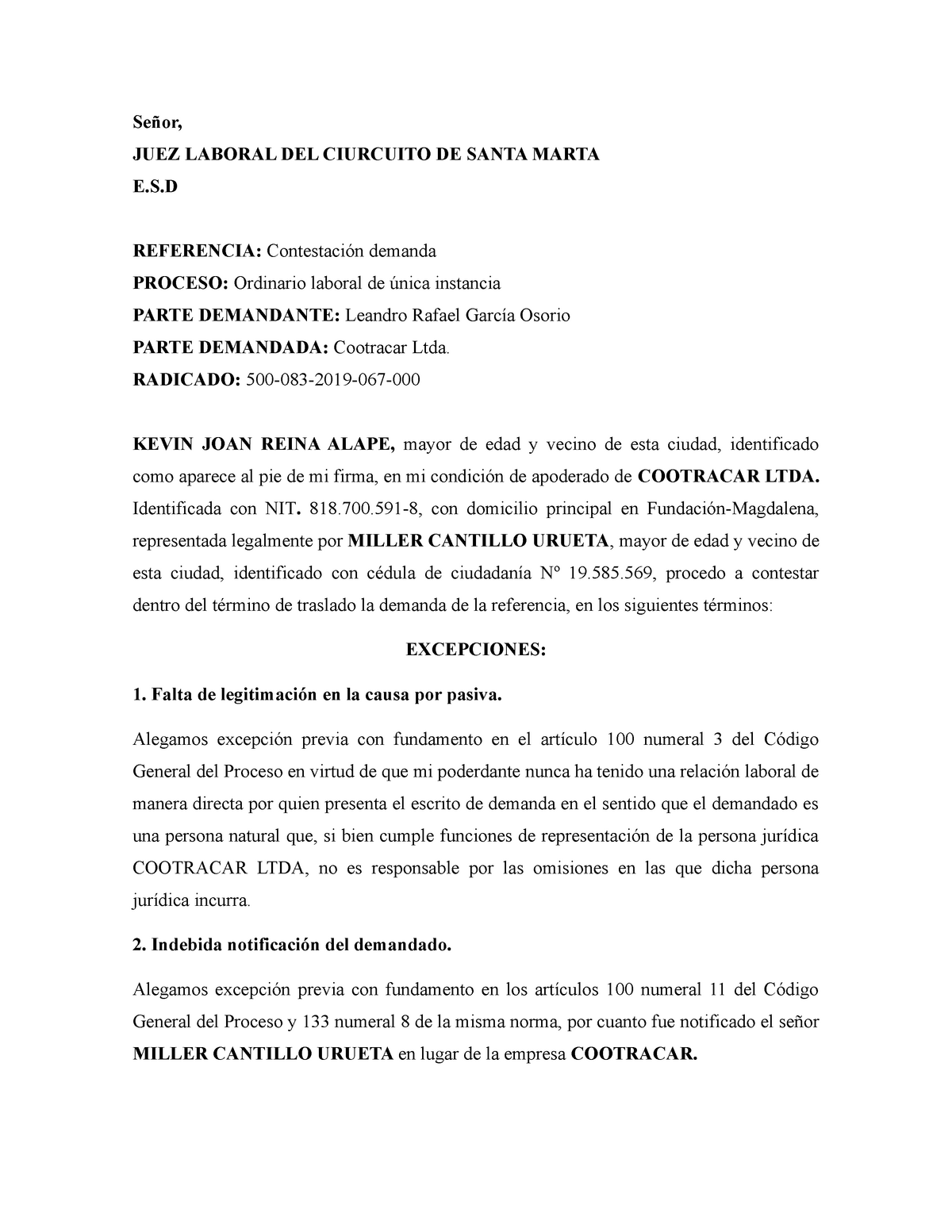 Modelo-contestacion-demanda - JUEZ LABORAL DEL CIURCUITO DE SANTA MARTA   REFERENCIA: demanda - Studocu