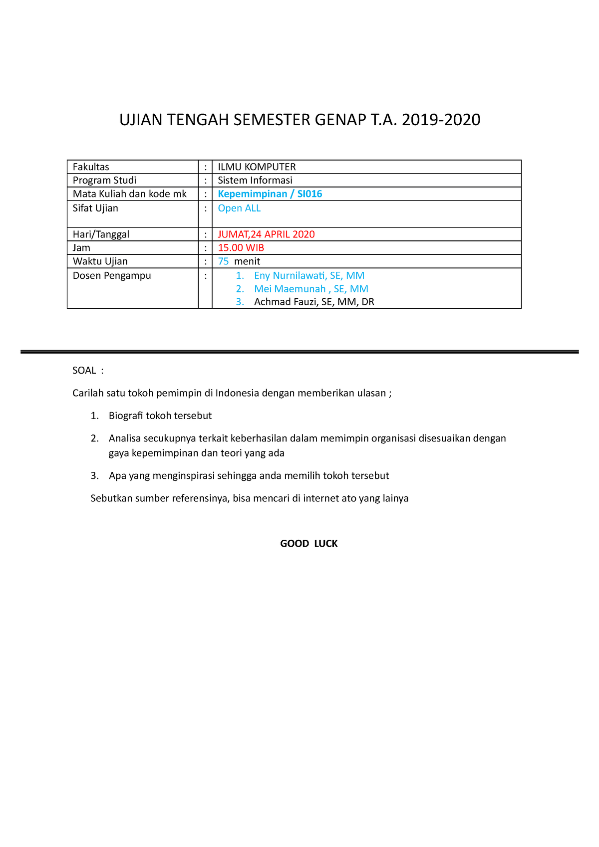 Soal Ujian Tengah Semester Kepemimpinan - UJIAN TENGAH SEMESTER GENAP T ...