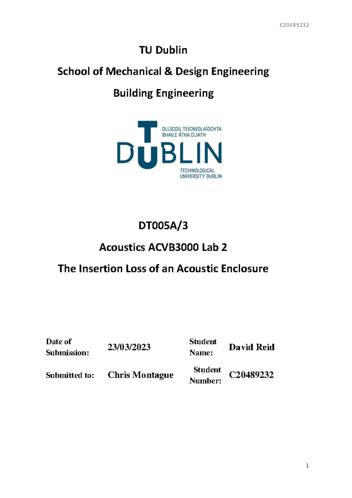 Insertion Loss of an Acoustic Enclosure Studocu