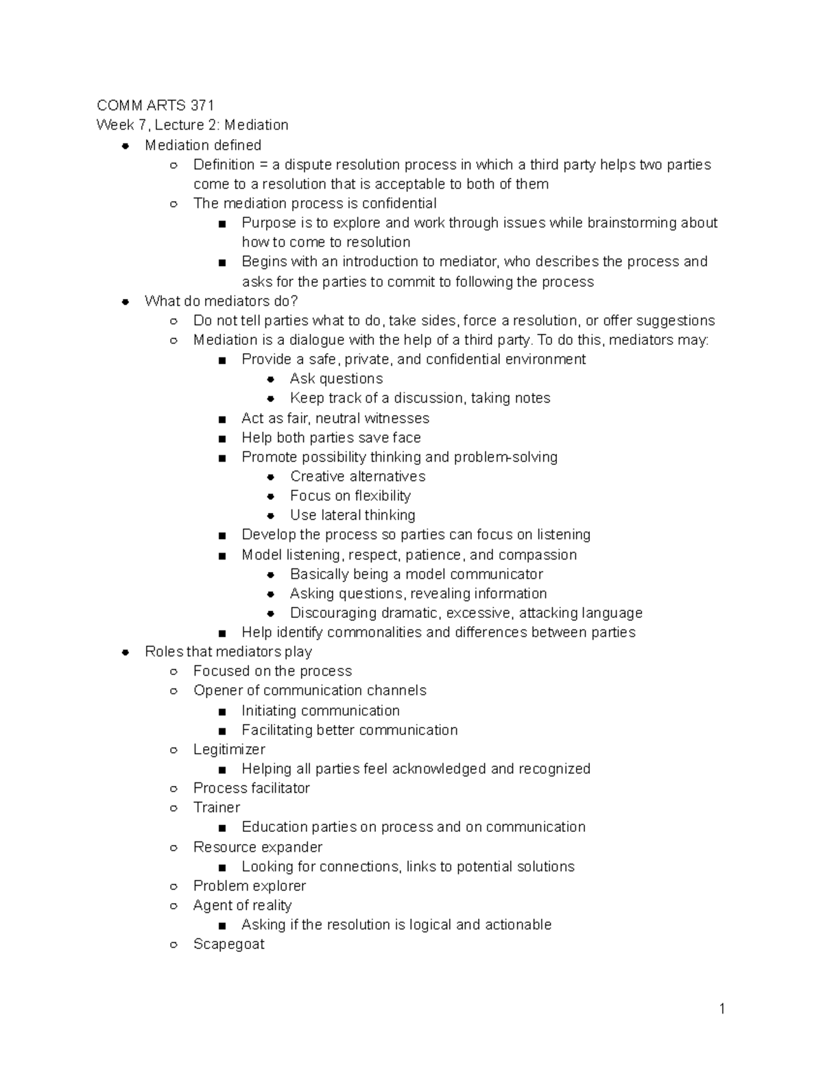 Lecture 16 - COMM ARTS 371 Week 7, Lecture 2: Mediation Mediation ...