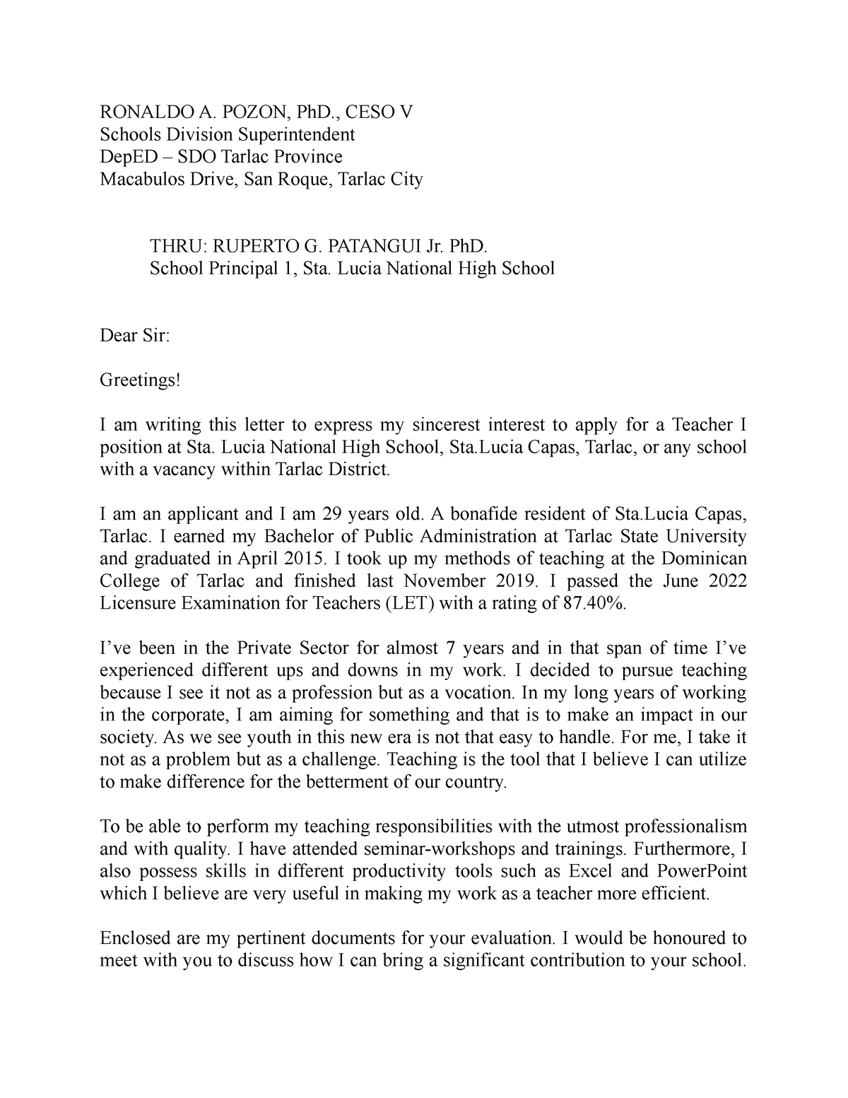 Lettr OF Intent JHS - RONALDO A. POZON, PhD., CESO V Schools Division ...