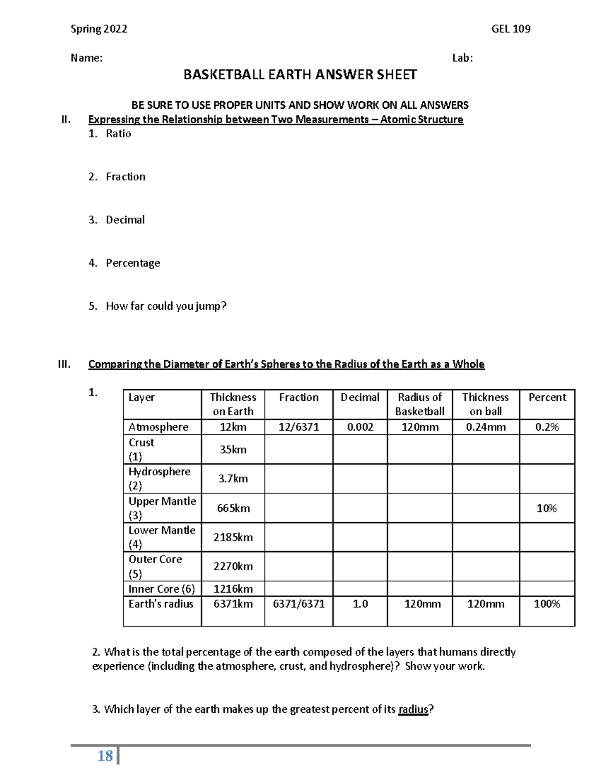 Basketball Earth Lab Answer Sheet Spring 2022 GEL 109 18 Name Lab