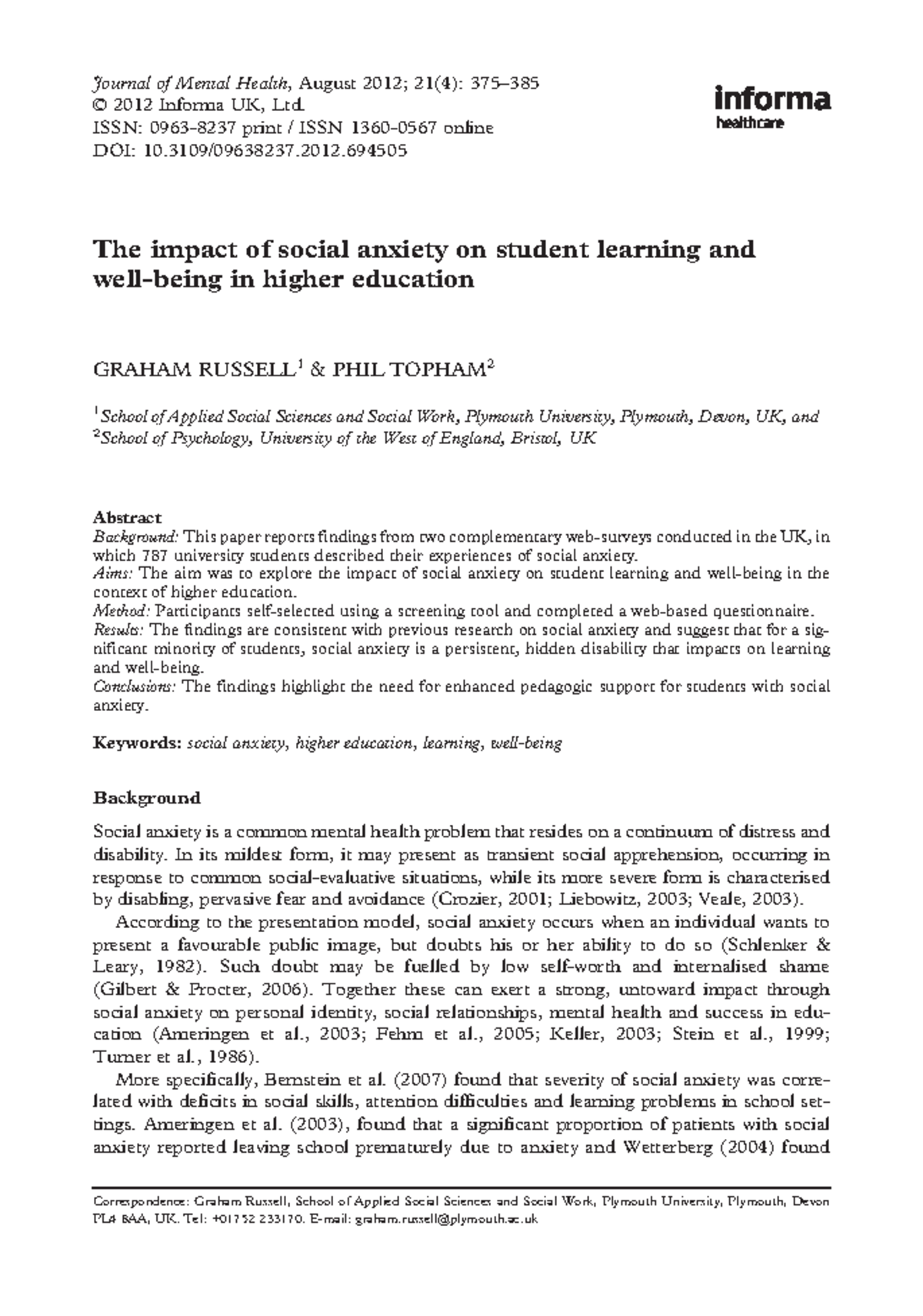 The Impact Of Social Anxiety On Student Learning Pdf