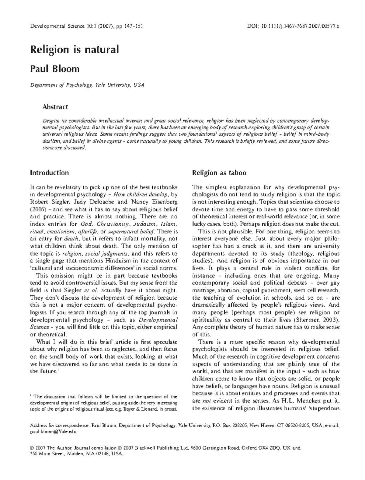 Religion is Natural-1 - Lecture notes - Developmental Science 10:1 ...