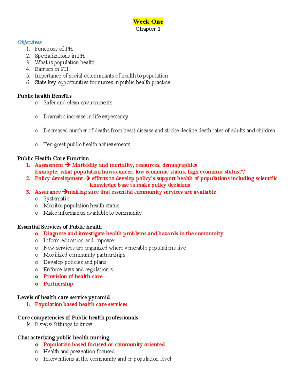 Public health notes - Week One Chapter 1 Objectives Functions of PH ...