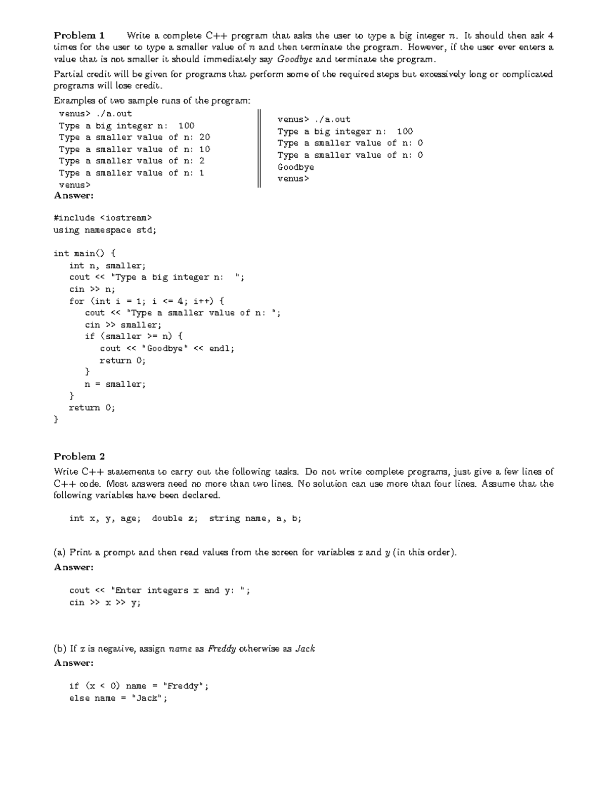 Practice Exam And Solution - Problem 1 Write A Complete C++ Program ...