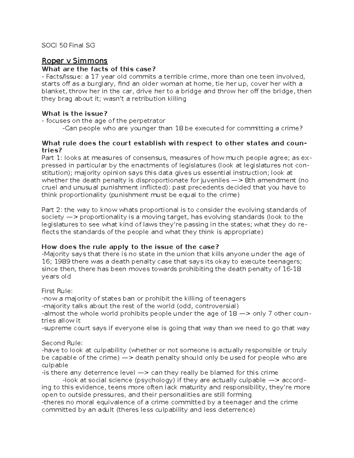 SOCI 50 Final Study Guide SOCI 50 Final SG Roper v Simmons What are