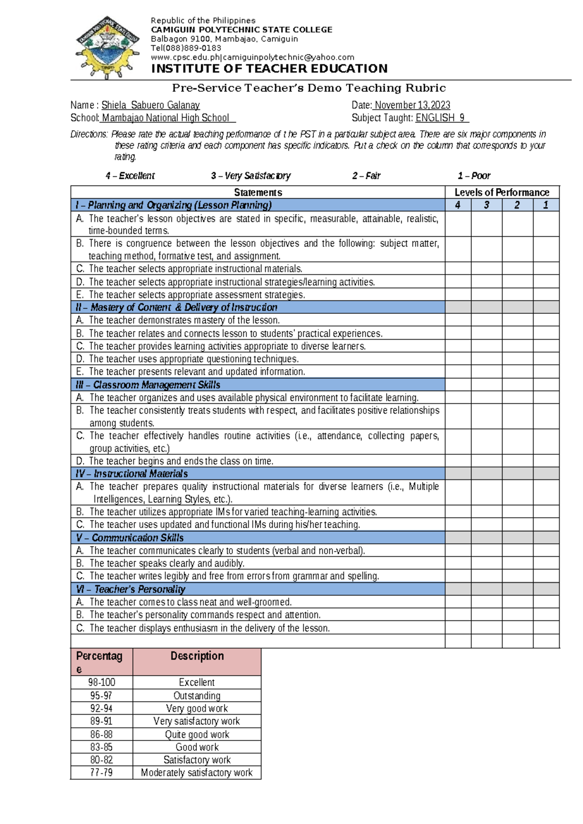 Demo-teaching-rubric-2022 - Republic of the Philippines CAMIGUIN ...