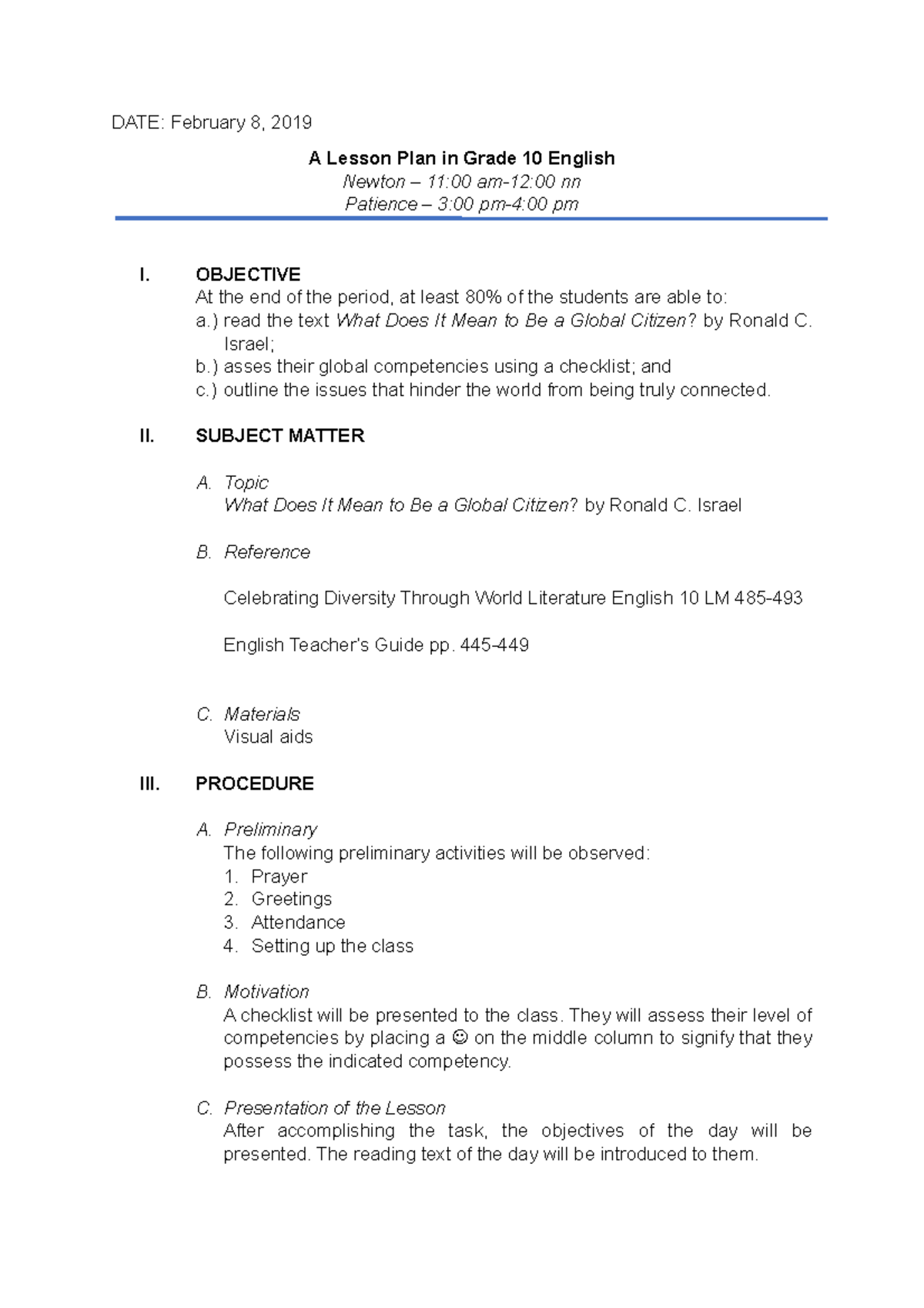 02-08-2019 - Lesson Plan in English Junior High School - DATE: February ...