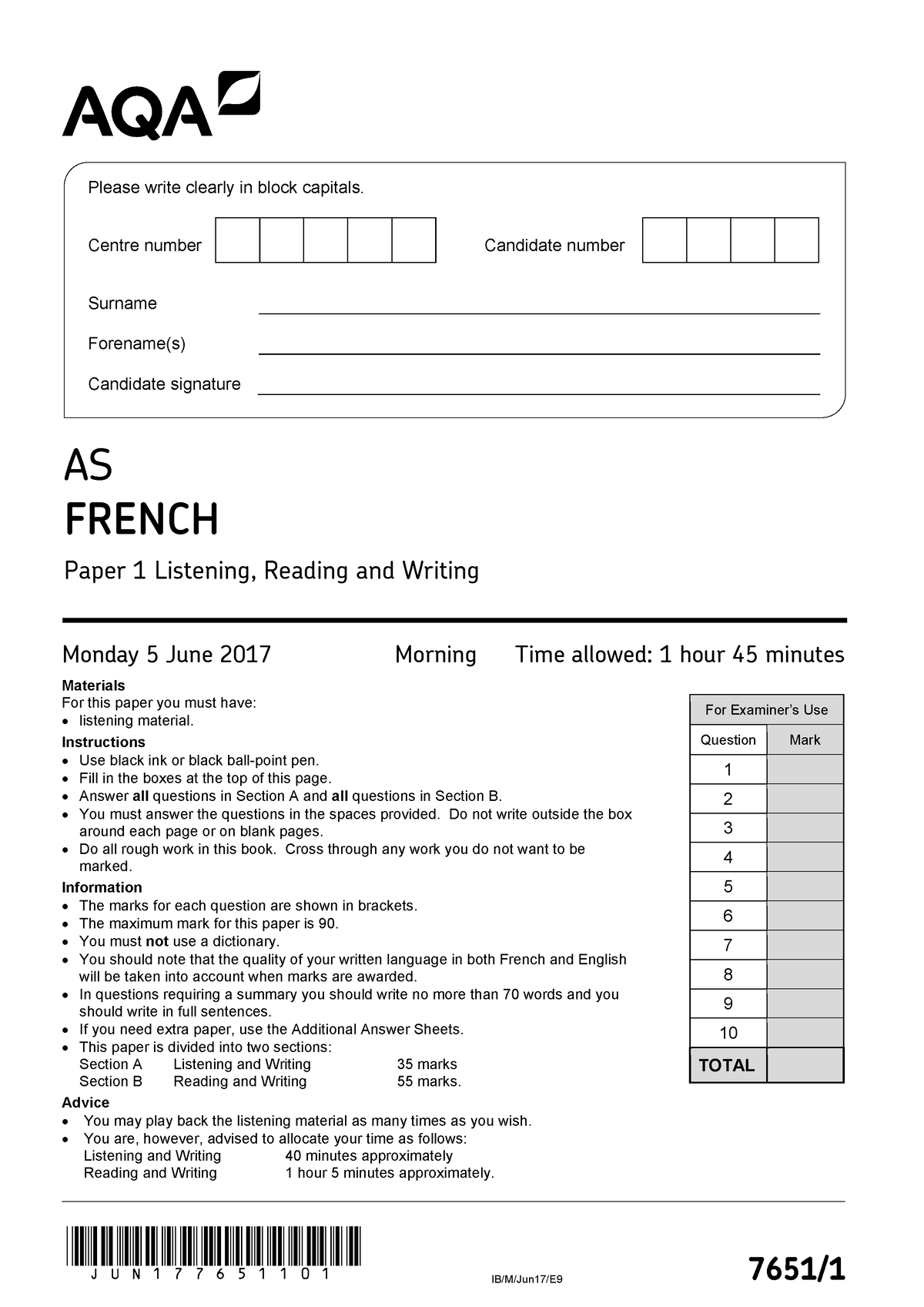 AQA 76511 QP JUN17 - Aqa Pastpaper 2017 Practice Material Question ...