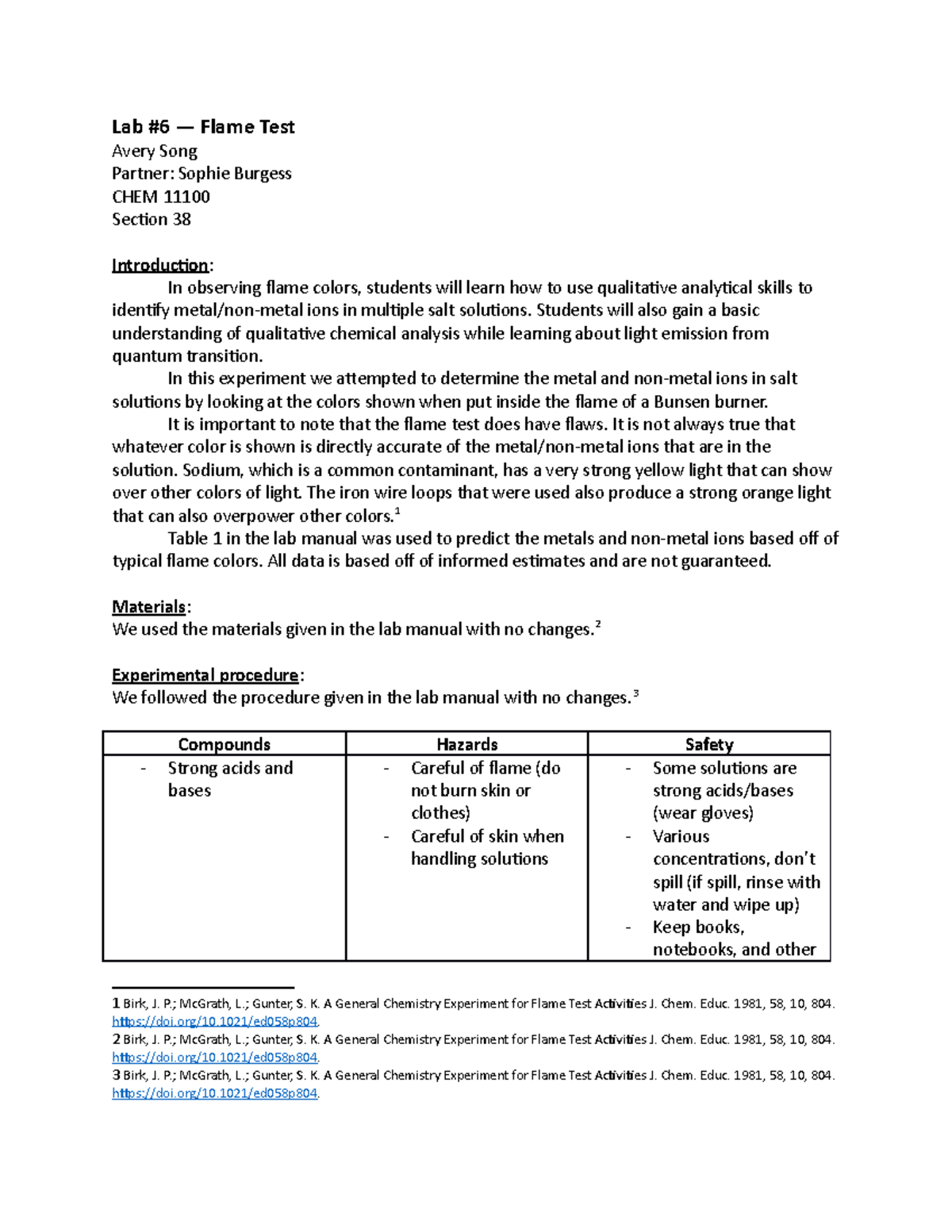 Lab6 aesong - Lab report, gen chem 11100, uchicago - Lab #6 — Flame ...