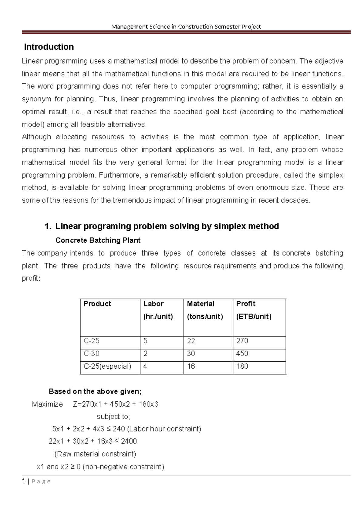 Simplex problem solution final - Introduction Linear programming uses a ...