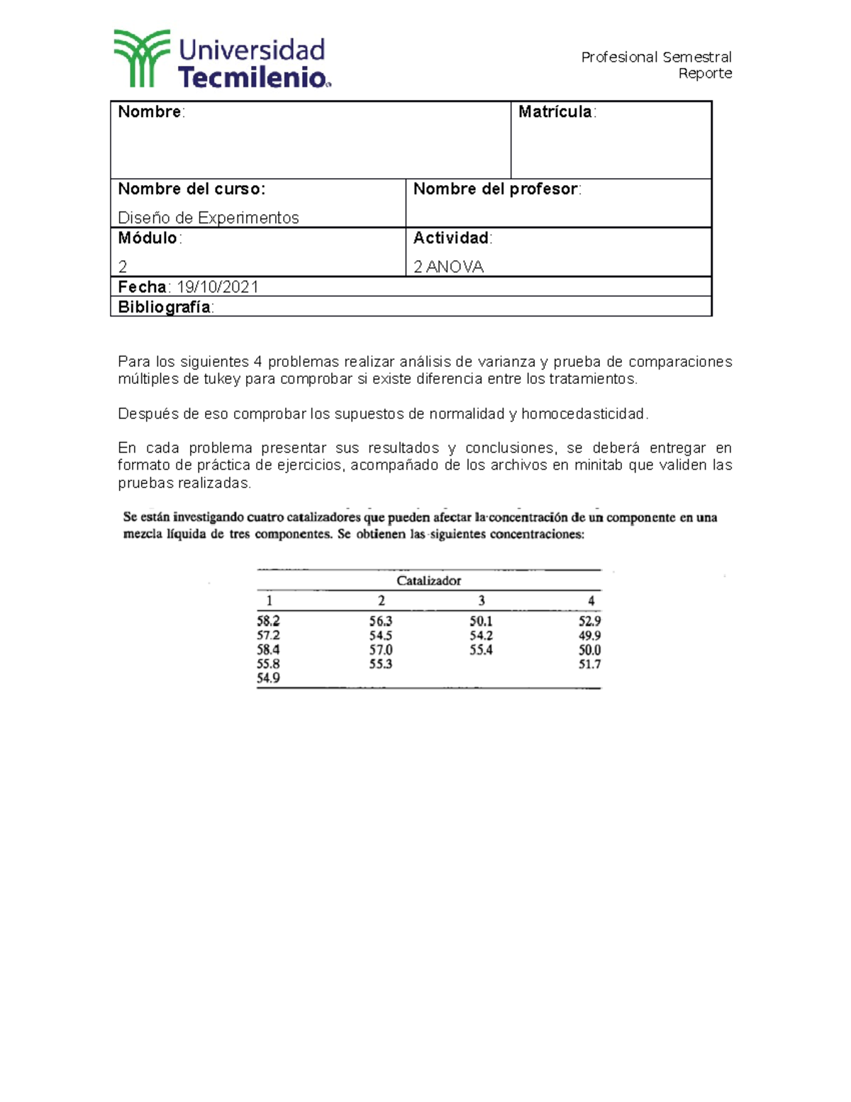 Actividad ANOVA 2 De Diseno De Experimentos, Contiene Datos, Pasos Y ...