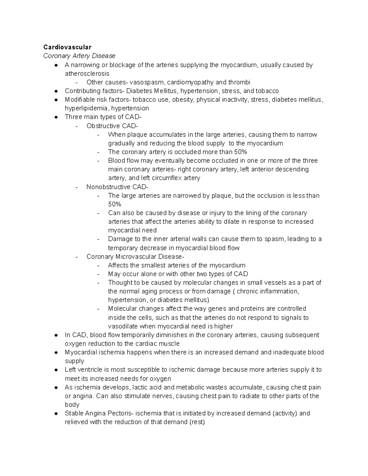 Patho Review - final notes - Cardiovascular Coronary Artery Disease A ...