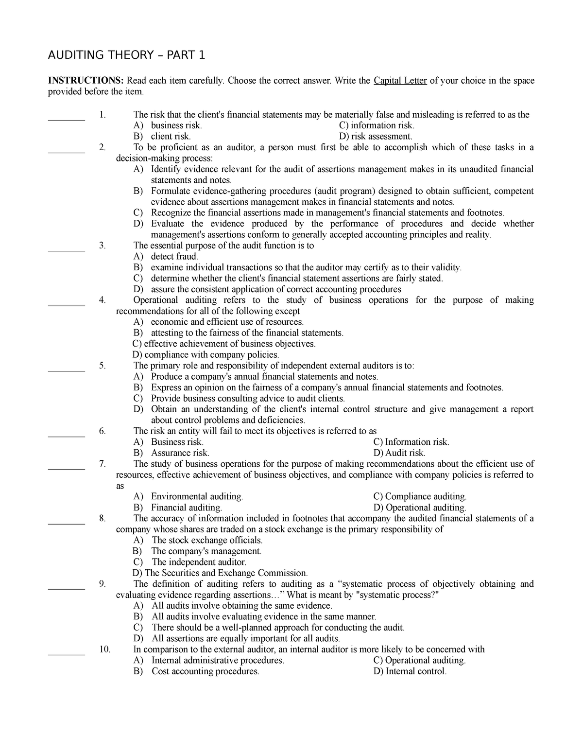 Auditing Theory - PART 1 - AUDITING THEORY – PART 1 INSTRUCTIONS: Read ...