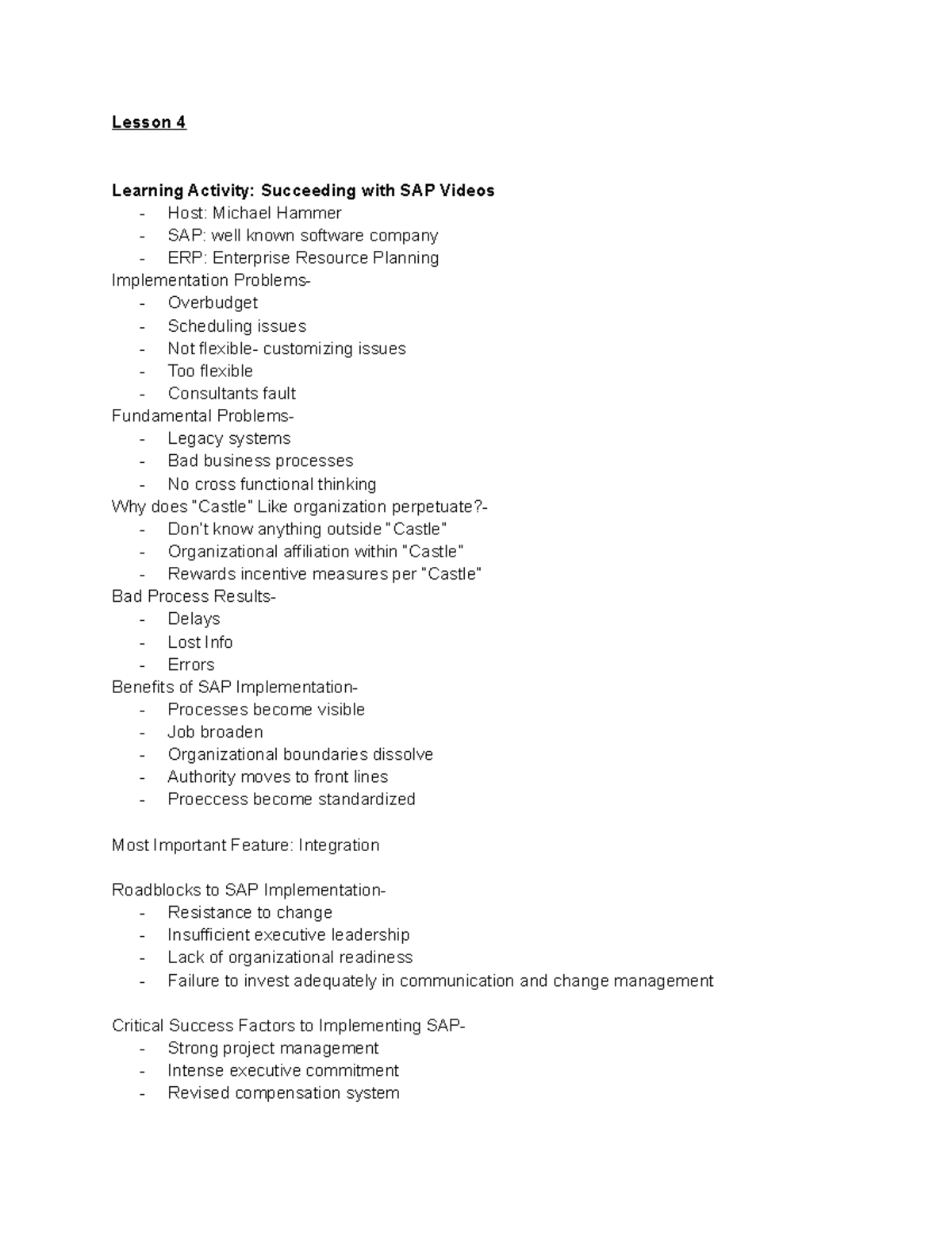 Lesson 4 - Notes From Class - Lesson 4 Learning Activity: Succeeding ...