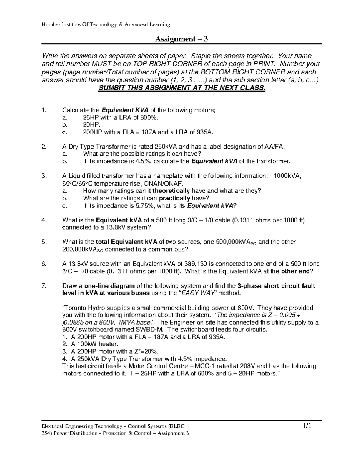 Assignment 3 power distribution - Humber Institute Of Technology ...