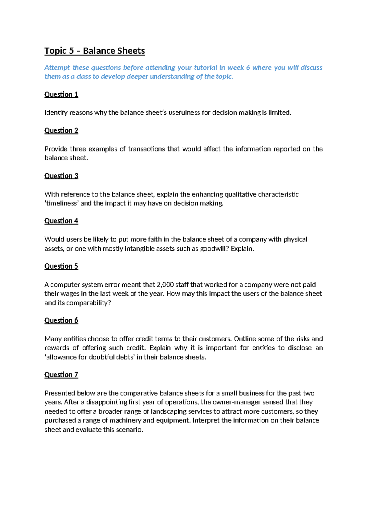 Topic 5 Tutorial Exercises og - Topic 5 – Balance Sheets Attempt these ...
