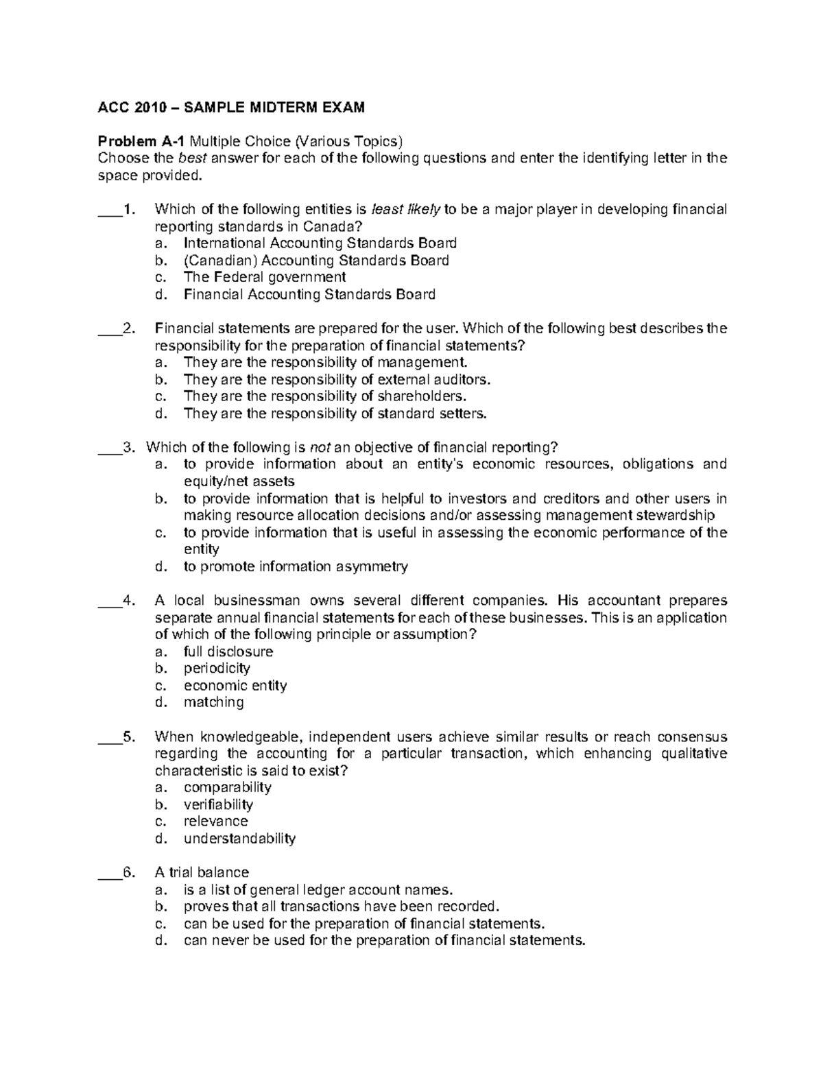 MIDTERM 2015, questions - ACC 2010 – SAMPLE MIDTERM EXAM Problem A-1 ...