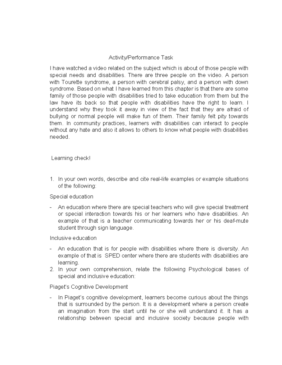 Inclusive answers - Activity/Performance Task I have watched a video ...